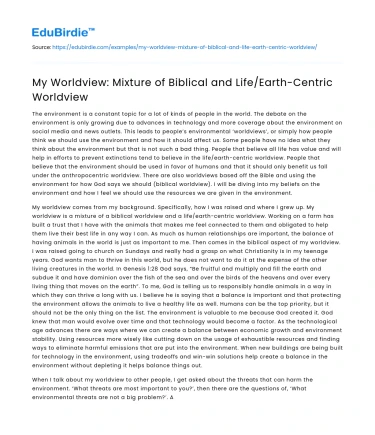 My Worldview: Mixture of Biblical and Life/Earth-Centric Worldview