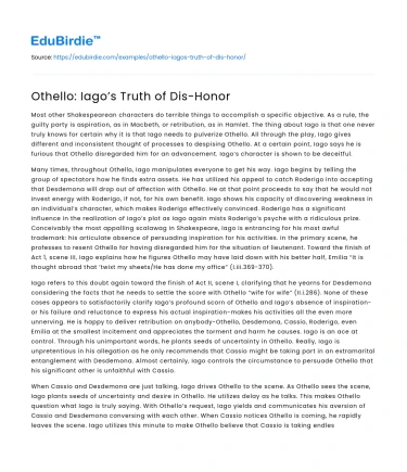 Othello: Iago’s Truth of Dis-Honor