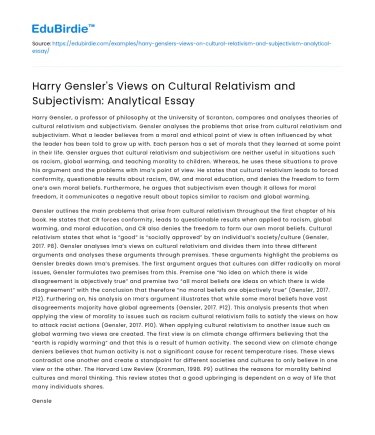Harry Gensler on Cultural Relativism and Subjectivism: Analysis