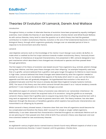 Theories Of Evolution Of Lamarck, Darwin And Wallace