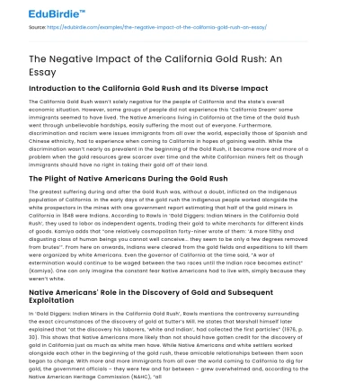The Negative Impact of the California Gold Rush: An Essay