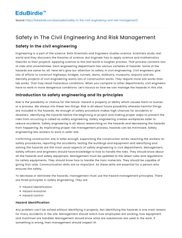 Safety In The Civil Engineering And Risk Management