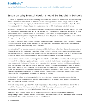 Essay on Why Mental Health Should Be Taught in Schools