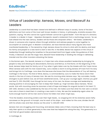 Virtue of Leadership: Aeneas, Moses, and Beowulf As Leaders