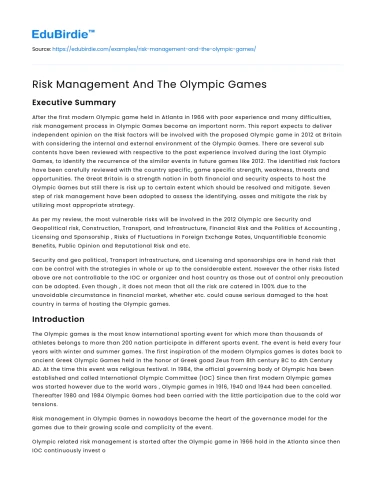 Risk Management And The Olympic Games