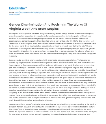 Gender and Race Discrimination in Virginia Woolf and Brent Staples