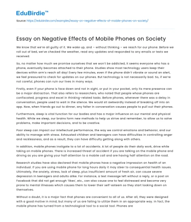 Essay on Negative Effects of Mobile Phones on Society