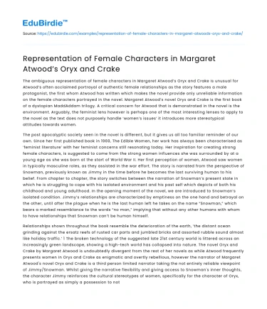 Representation of Female Characters in Margaret Atwood’s Oryx and Crake