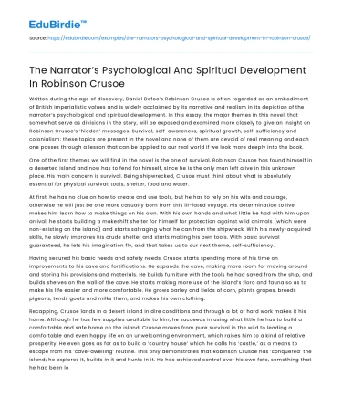 The Narrator’s Psychological And Spiritual Development In Robinson Crusoe