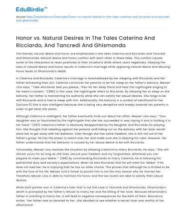 Honor vs Desires in Caterina, Ricciardo, Tancredi, Ghismonda