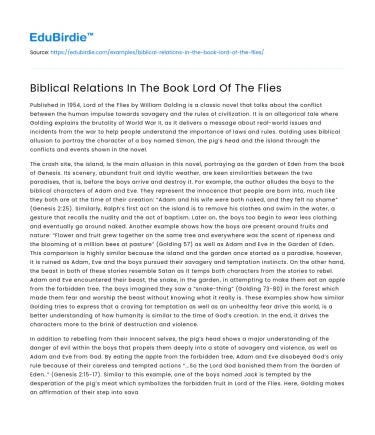 Biblical Relations In The Book Lord Of The Flies