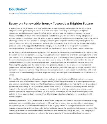 Essay on Renewable Energy Towards a Brighter Future
