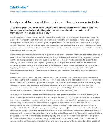 Analysis of Nature of Humanism in Renaissance in Italy