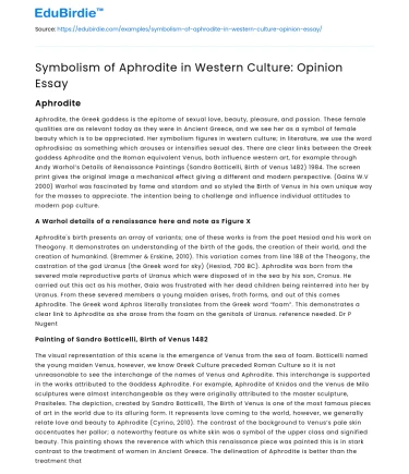 Symbolism of Aphrodite in Western Culture: Opinion Essay