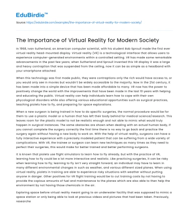 The Importance of Virtual Reality for Modern Society