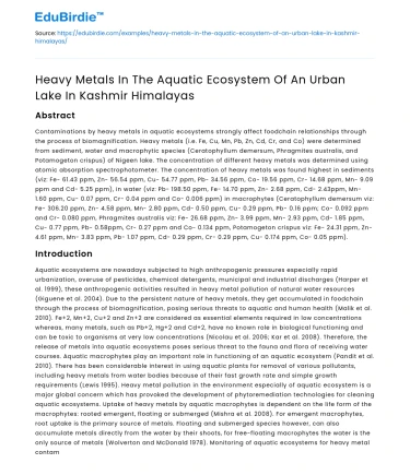 Heavy Metals in Urban Lake of Kashmir Himalayas