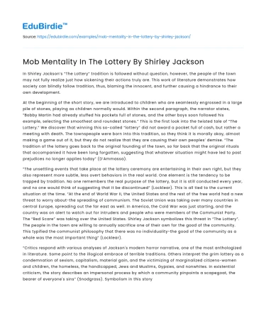 Mob Mentality In The Lottery By Shirley Jackson