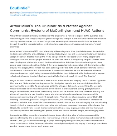 Arthur Miller’s ‘The Crucible’: Protest Against McCarthyism and HUAC