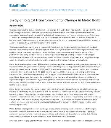Essay on Digital Transformational Change in Metro Bank