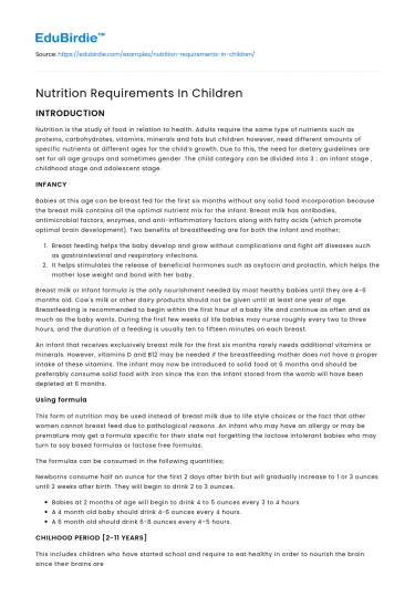 Nutrition Requirements In Children