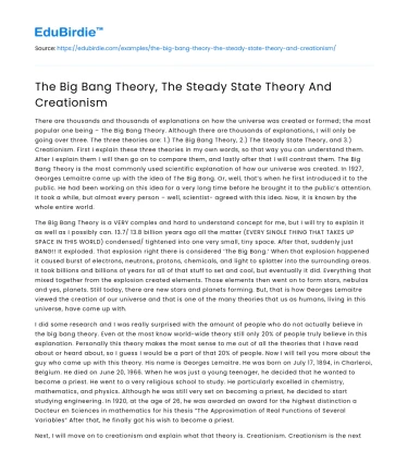 The Big Bang Theory, The Steady State Theory And Creationism
