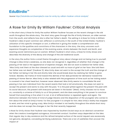 A Rose for Emily By William Faulkner: Critical Analysis