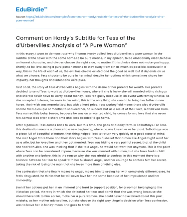 Hardy’s Subtitle for Tess of the d’Urbervilles: “A Pure Woman” Analysis