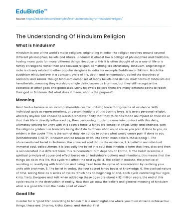 The Understanding Of Hinduism Religion