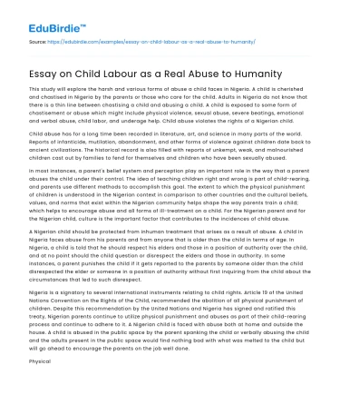 Essay on Child Labour as a Real Abuse to Humanity