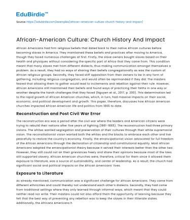 African-American Culture: Church History And Impact