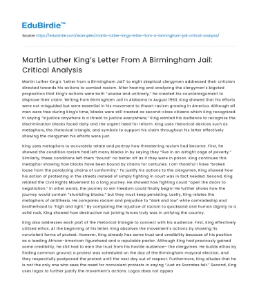 Martin Luther King’s Letter From A Birmingham Jail: Critical Analysis
