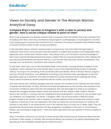 Views on Society and Gender in The Woman Warrior: Analytical Essay