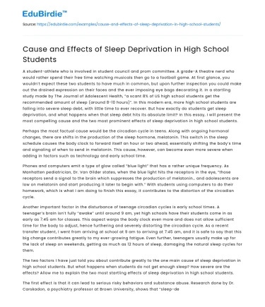 Cause and Effects of Sleep Deprivation in High School Students