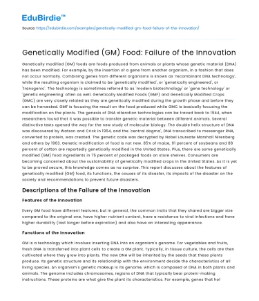 Genetically Modified (GM) Food: Failure of the Innovation
