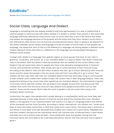 Social Class, Language And Dialect