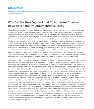 Colonial Development: New England vs Chesapeake