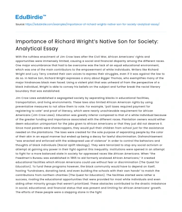 Importance of Richard Wright’s Native Son for Society