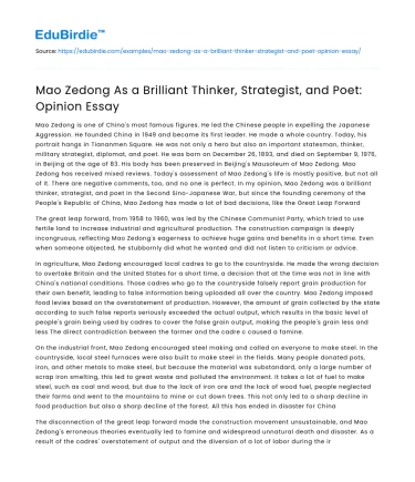 Mao Zedong As a Brilliant Thinker, Strategist, and Poet: Opinion Essay