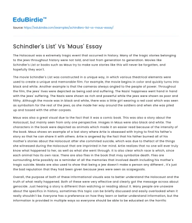 Schindler’s List’ Vs ‘Maus’ Essay