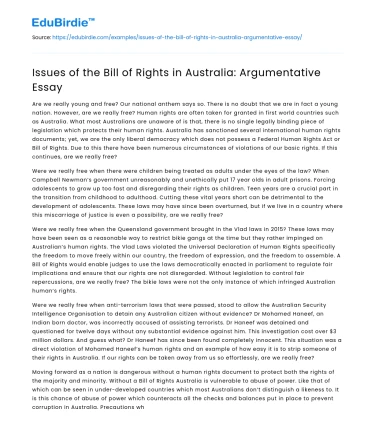 Issues of the Bill of Rights in Australia: Argumentative Essay