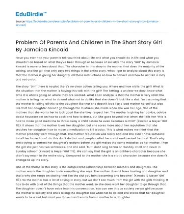 Intergenerational Conflict in Jamaica Kincaid’s “Girl”