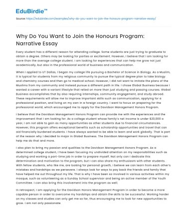 Why Do You Want to Join the Honours Program: Narrative Essay