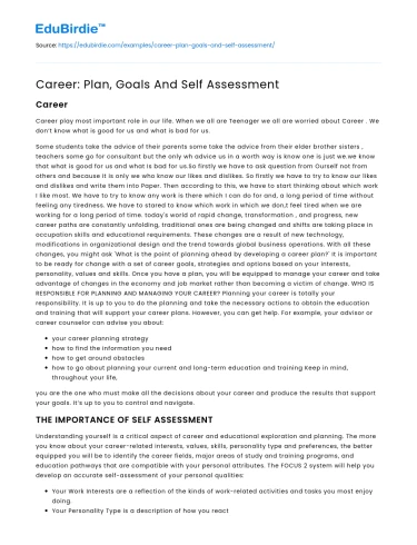 Career: Plan, Goals And Self Assessment