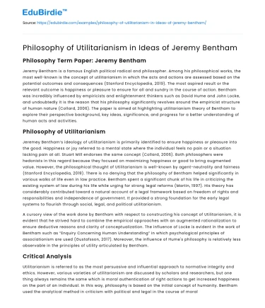 Philosophy of Utilitarianism in Ideas of Jeremy Bentham