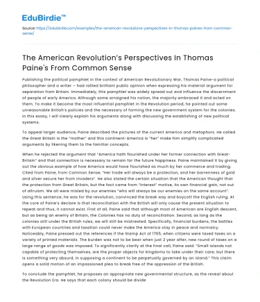 The American Revolution’s Perspectives In Thomas Paine’s From Common Sense