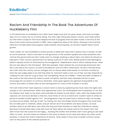 Racism And Friendship In The Book The Adventures Of Huckleberry Finn