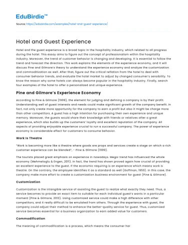 Hotel and Guest Experience