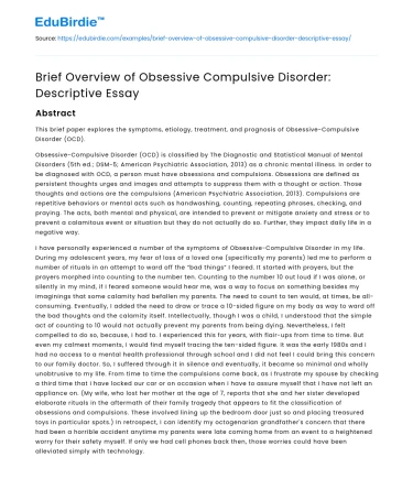 Brief Overview of Obsessive Compulsive Disorder: Descriptive Essay