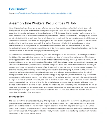 Assembly Line Workers: Peculiarities Of Job