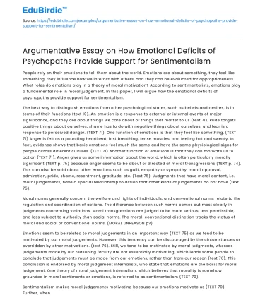 Emotional Deficits of Psychopaths Support Sentimentalism